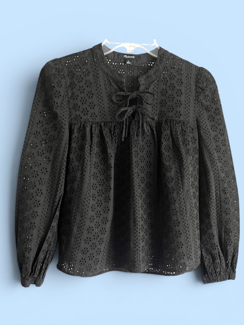 Madewell Black Unlined Cotton Eyelet Long Sleeve Blouse Size XS